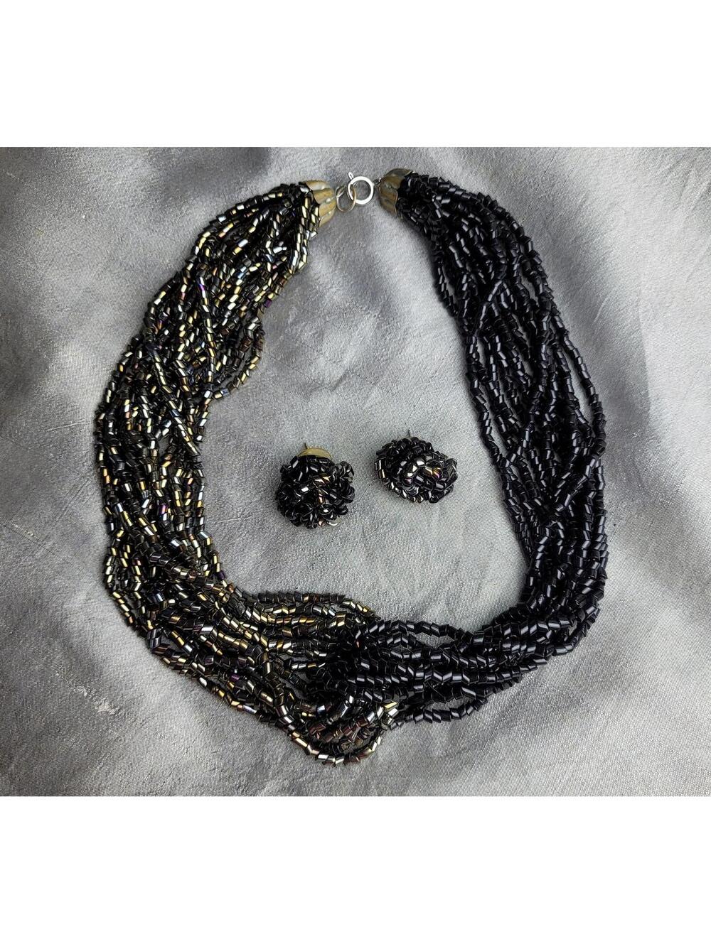 Black Beaded Multistrand Necklace and Earrings Set